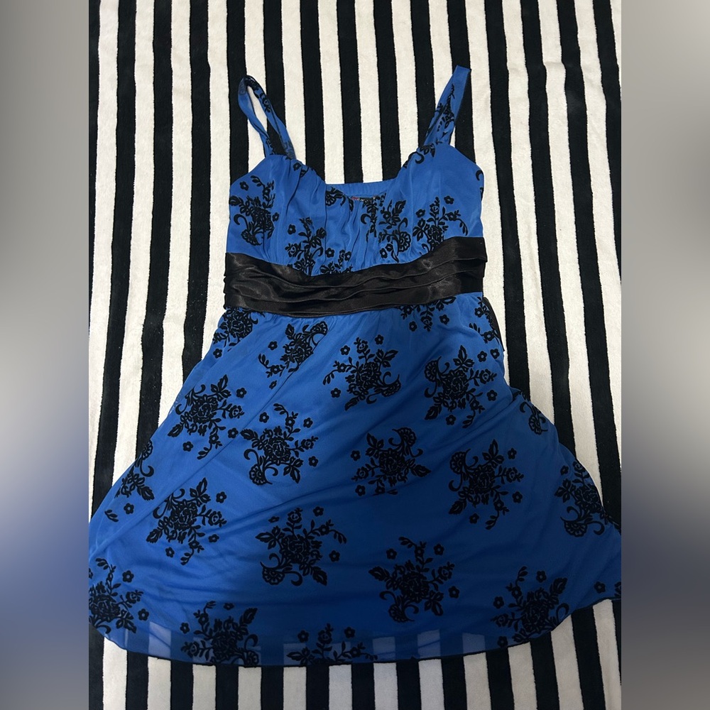 Trixxi Blue Dress with Black Floral Accents